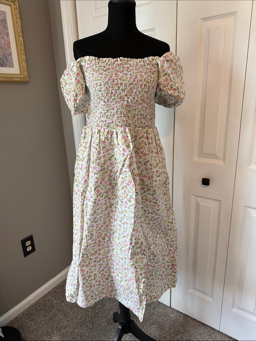 J. Crew White Smocked Midi Dress with Pink & Green Floral Print